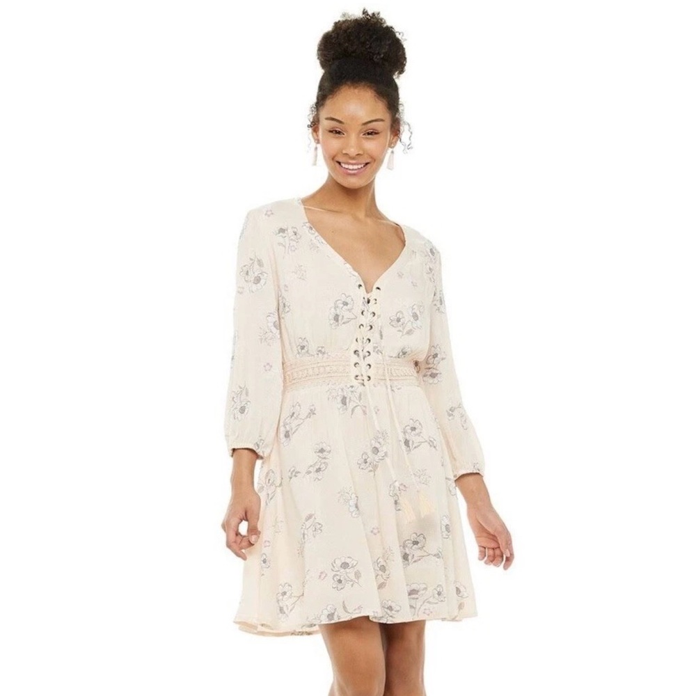 American Rag Long Sleeve Lace-Up Bodice Cream Floral MIDI Dress Boho Sz XS